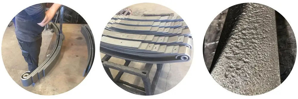 custom leaf springs Three images of metal spring components in various stages of production and inspection.