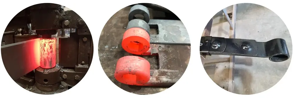 custom leaf springs Images showing the metal forging process, including heated metal and shaped components.